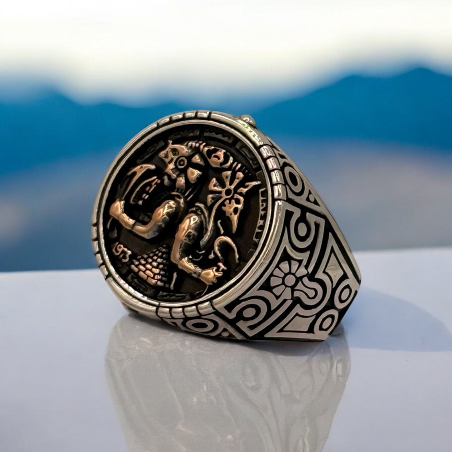 Hand made Sterling silver unisex ring featuring a pyramid and Egyptian Gods for protection