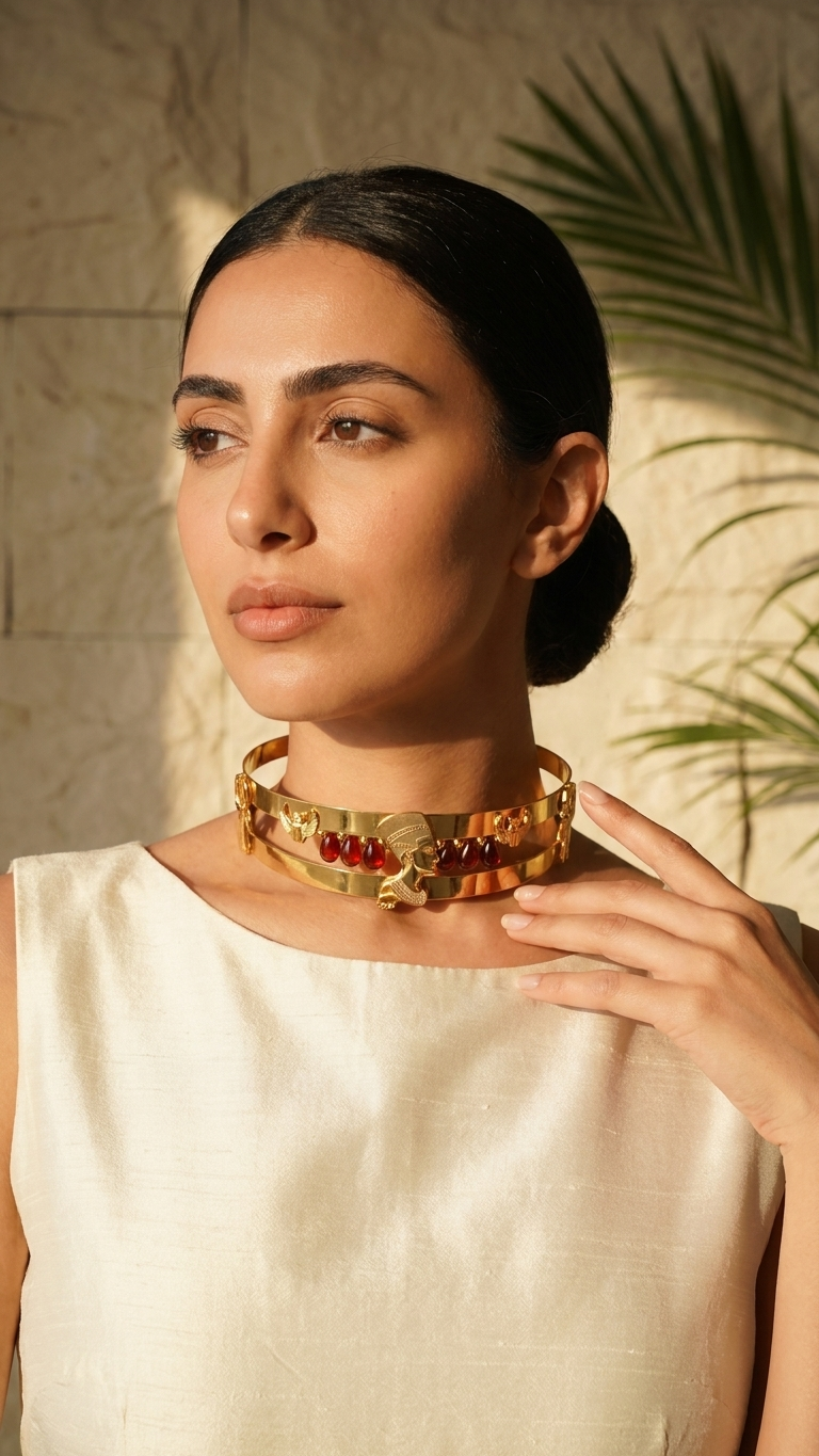 Egyptian Nefertiti Choker | 24K Gold Plated Collar | Red Garnet Statement Necklace.