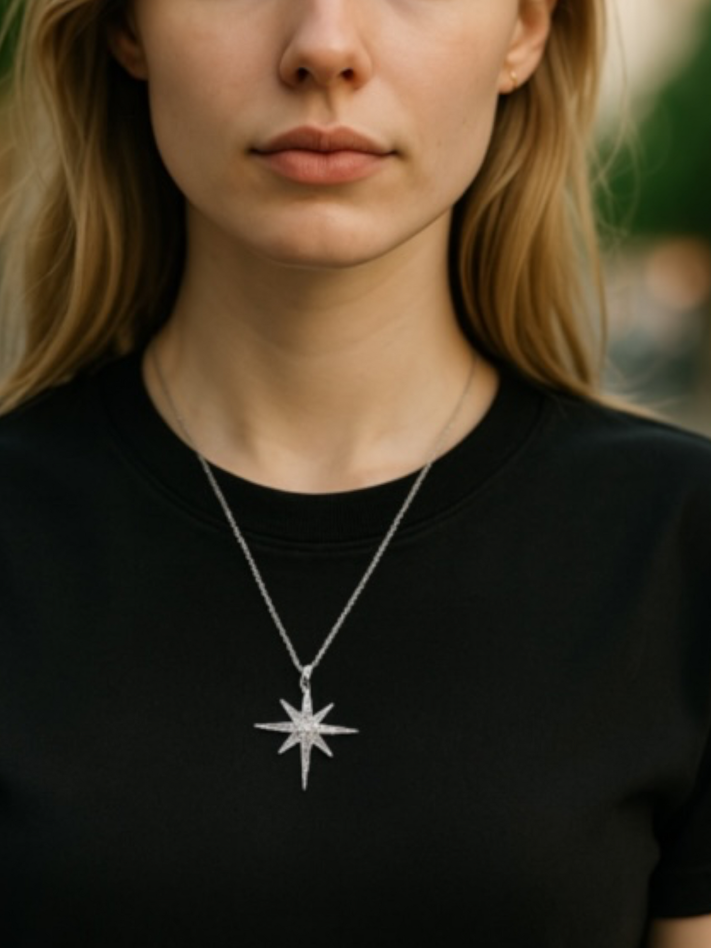 925 Sterling Silver Pendant Necklace star Inlaid with simulated diamonds