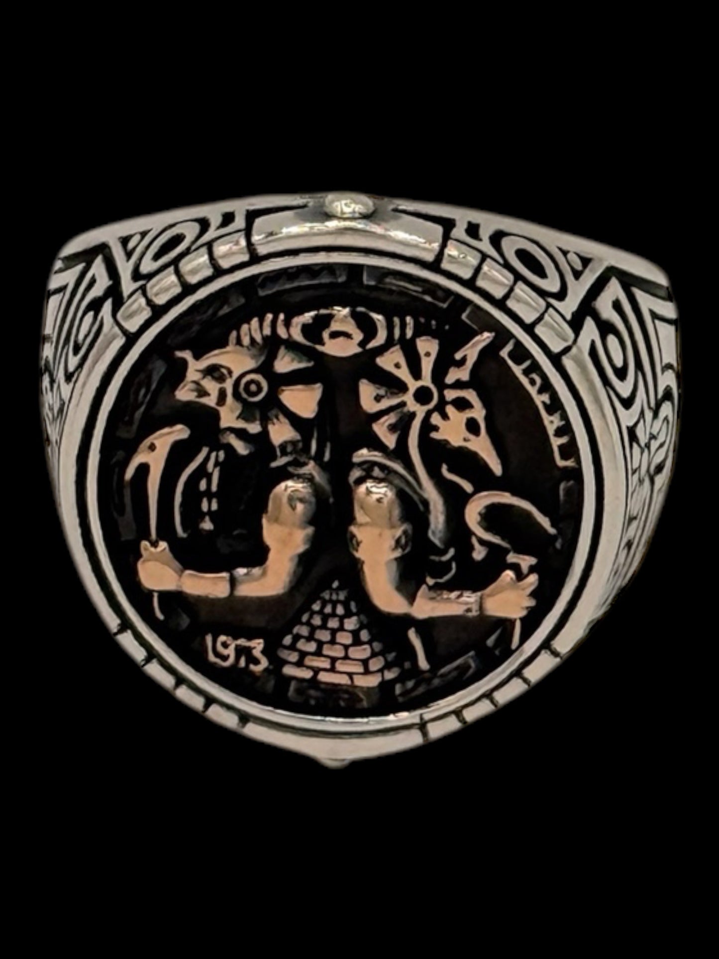 Hand made Sterling silver unisex ring featuring a pyramid and Egyptian Gods for protection