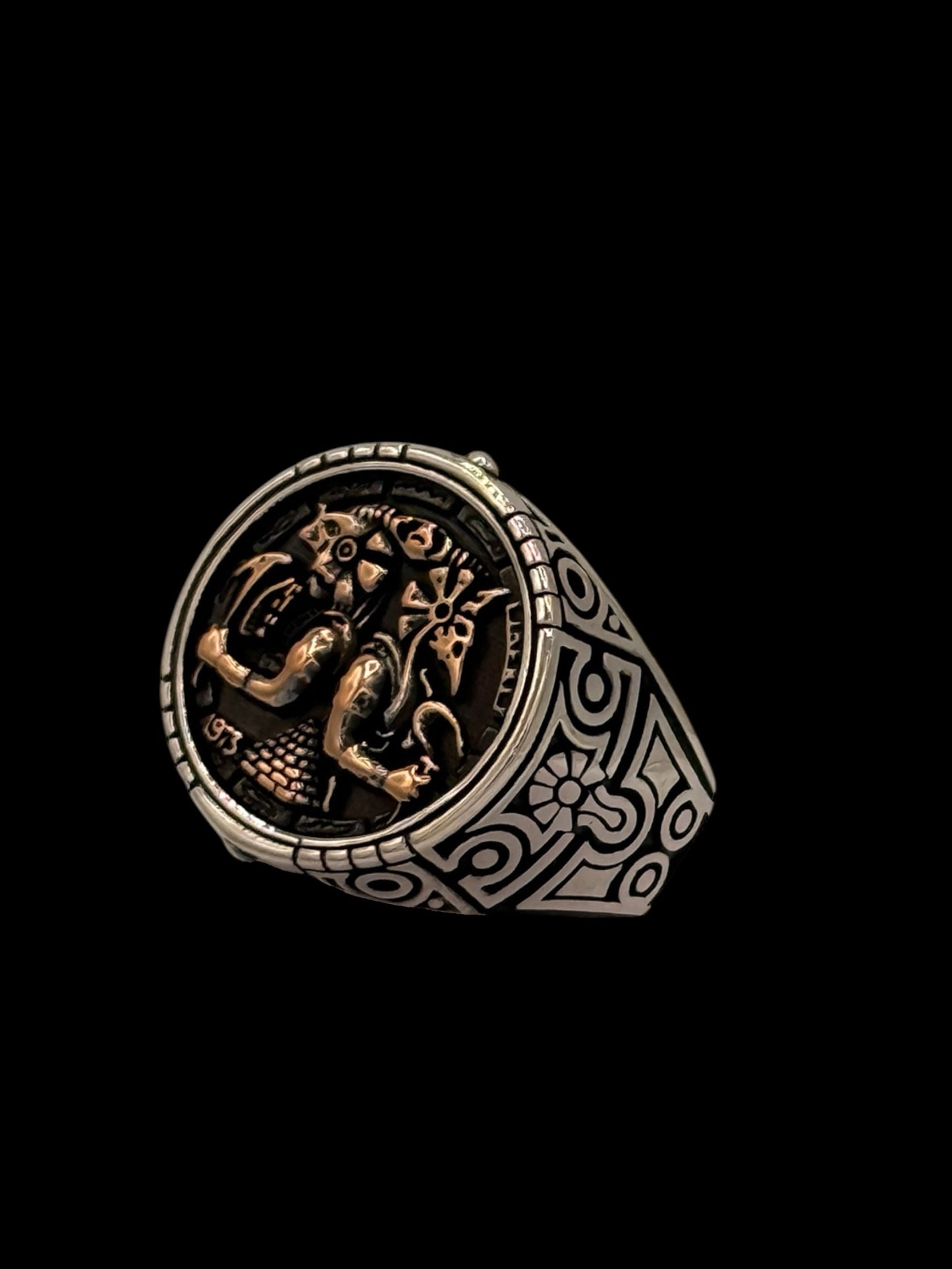Hand made Sterling silver unisex ring featuring a pyramid and Egyptian Gods for protection