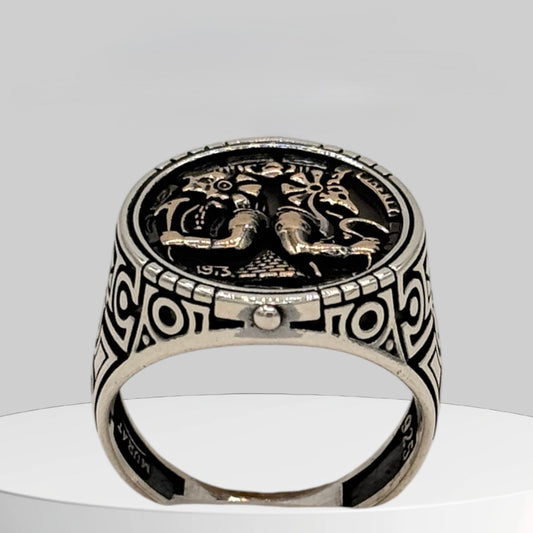 Hand made Sterling silver unisex ring featuring a pyramid and Egyptian Gods for protection