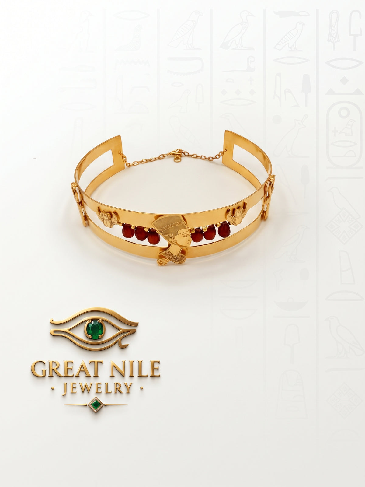 Egyptian Nefertiti Choker | 24K Gold Plated Collar | Red Garnet Statement Necklace.