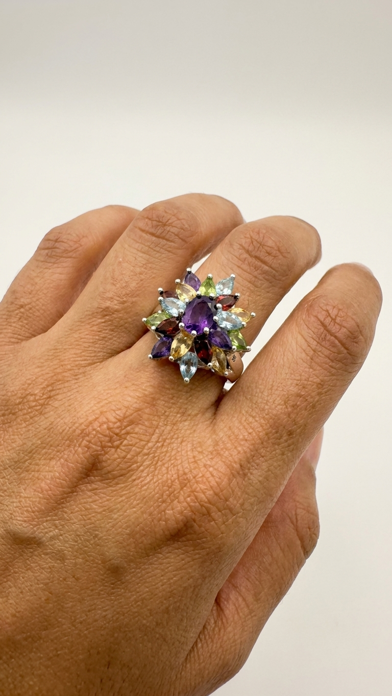 Sterling Silver Multi Stone Ring, Natural Gemstone Cluster Statement Ring