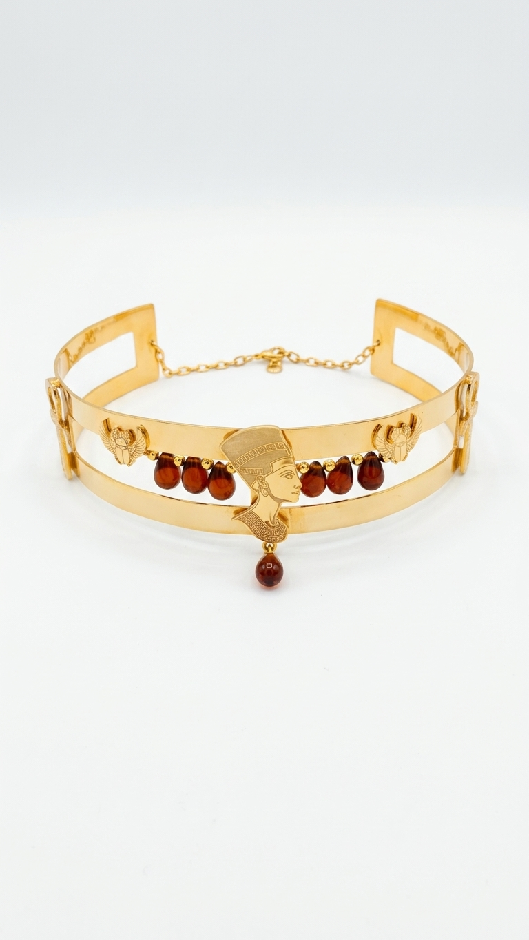 Egyptian Nefertiti Choker | 24K Gold Plated Collar | Red Garnet Statement Necklace.