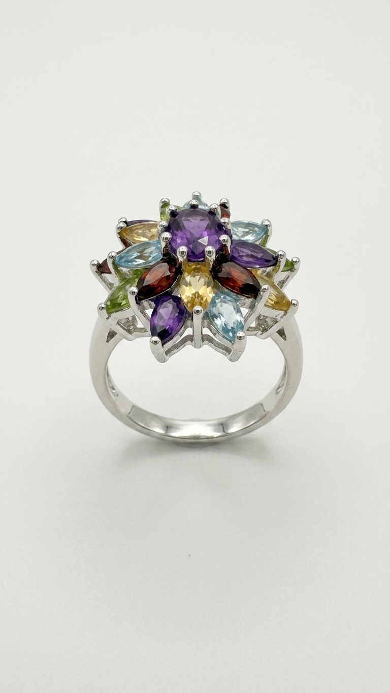 Sterling Silver Multi Stone Ring, Natural Gemstone Cluster Statement Ring
