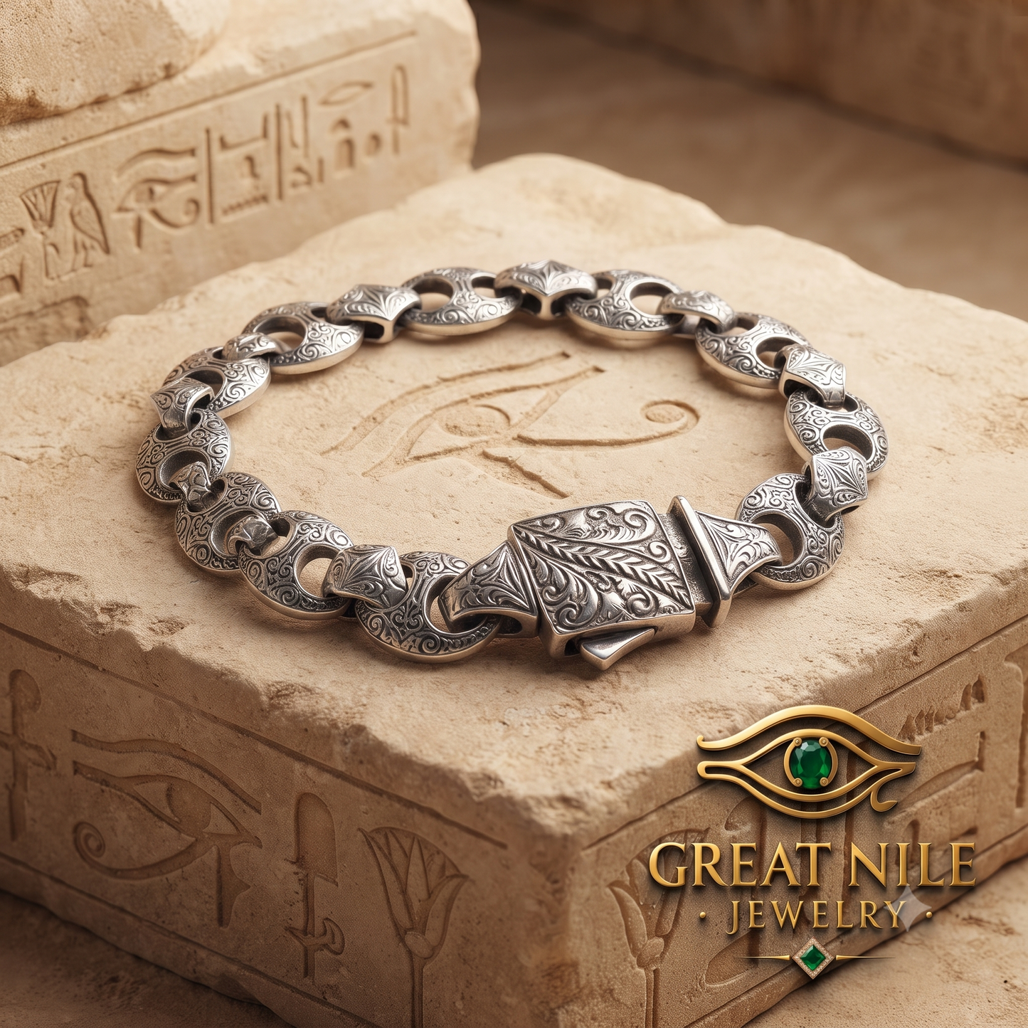 Men's Sterling Silver Link Bracelet | Ornate Vintage Style Men's Jewelry by Great Nile Jewelry