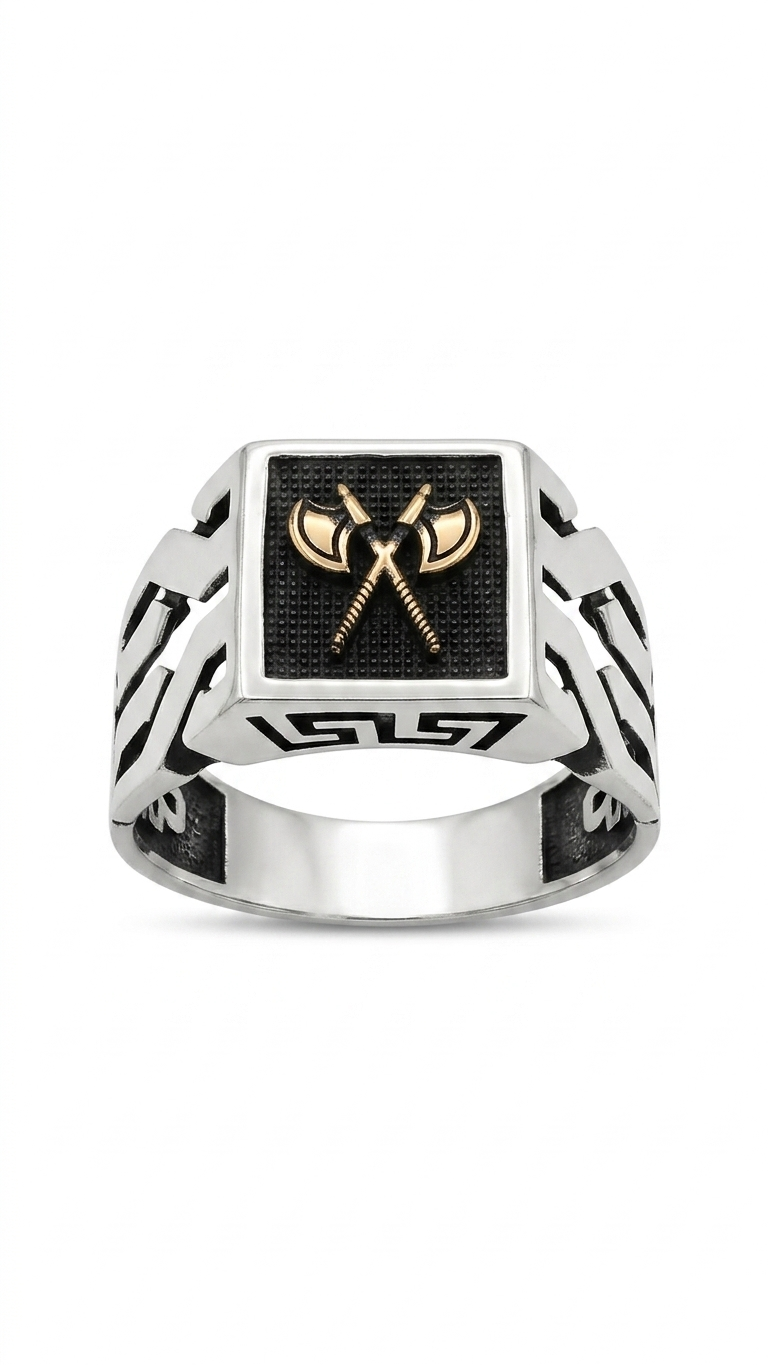 Men's Viking Battle Axe Signet Ring – Two-Tone Geometric Nordic Statement Ring in Handcrafted 925 Sterling Silver .size 11 US