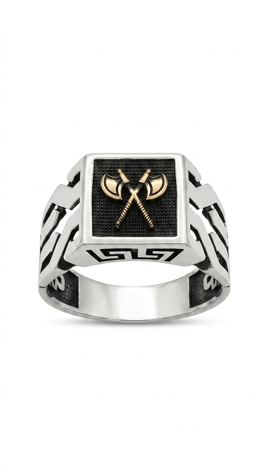 Men's Viking Battle Axe Signet Ring – Two-Tone Geometric Nordic Statement Ring in Handcrafted 925 Sterling Silver .size 11 US