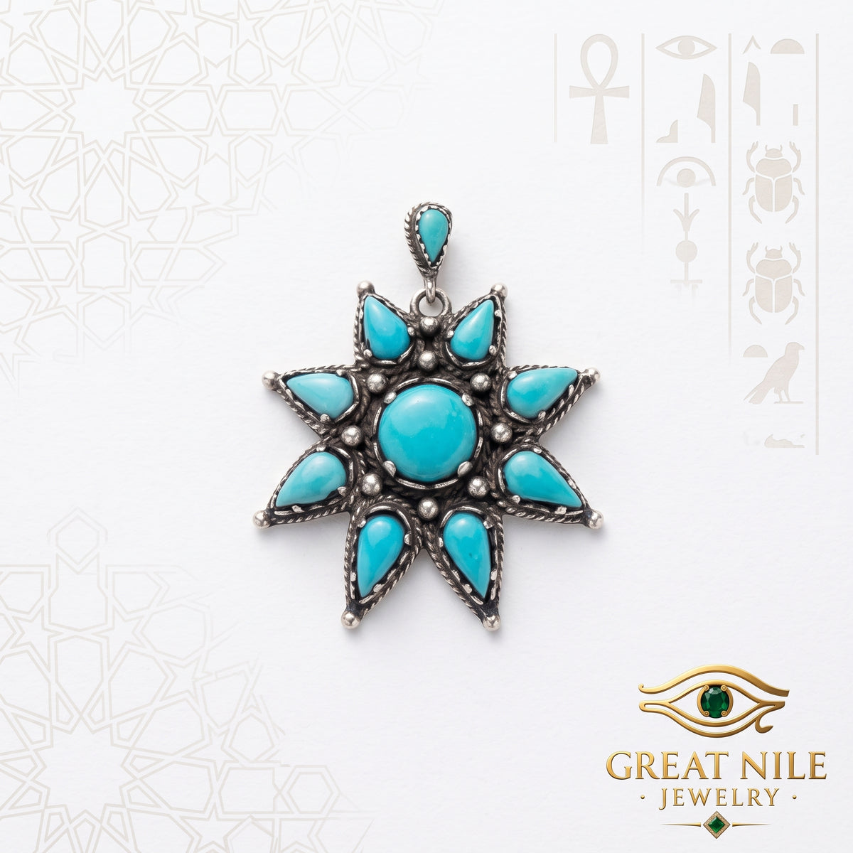 The Pharaoh's Sun: Egyptian Turquoise Statement Pendant in 925 Sterling Silver.