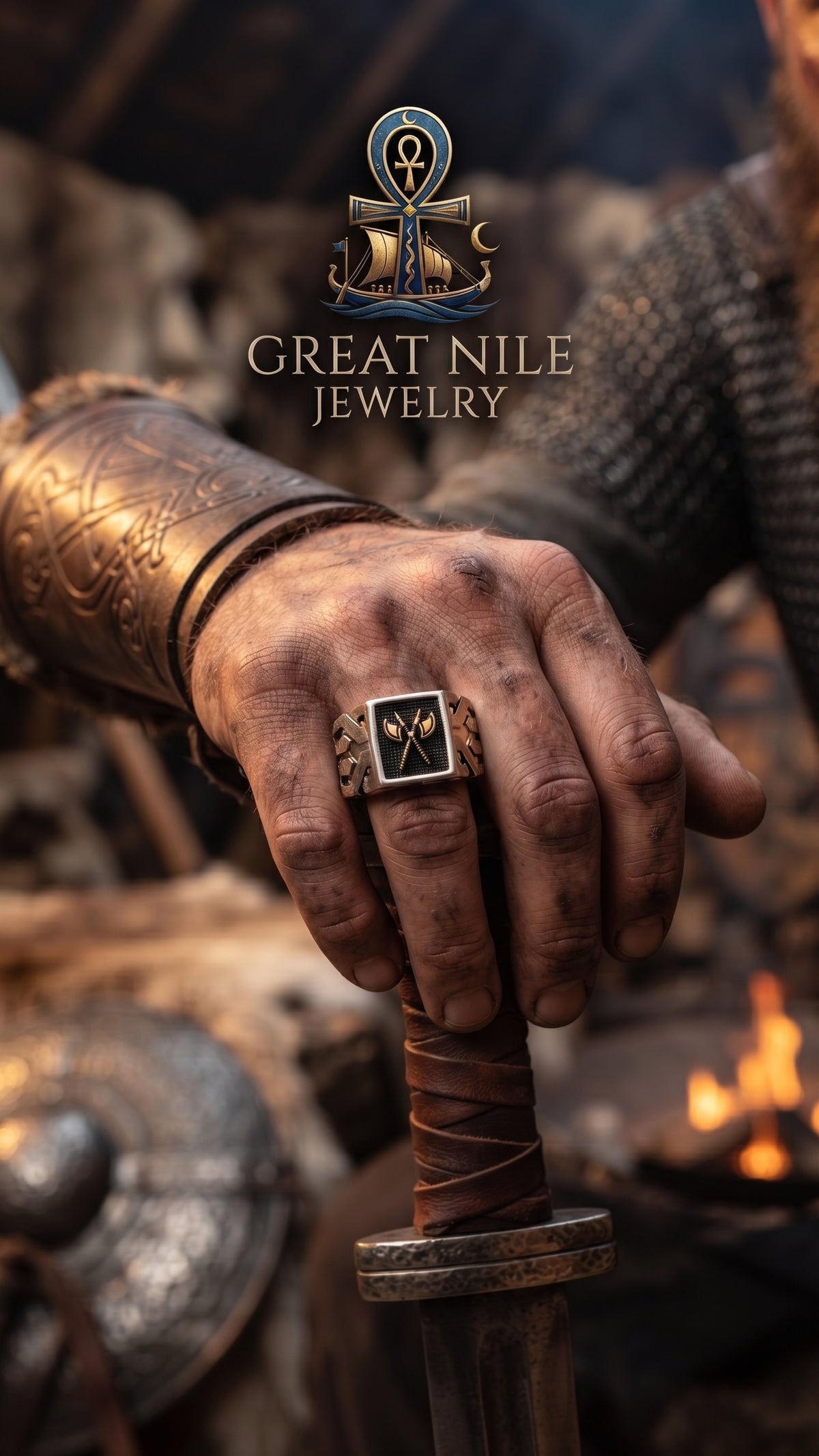 Men's Viking Battle Axe Signet Ring – Two-Tone Geometric Nordic Statement Ring in Handcrafted 925 Sterling Silver .size 11 US